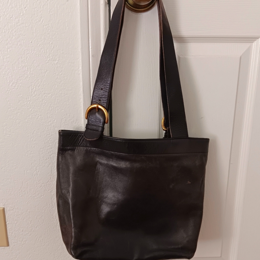 Authentic Large COACH Navy Blue black Genuine Leather top double handle shoulder